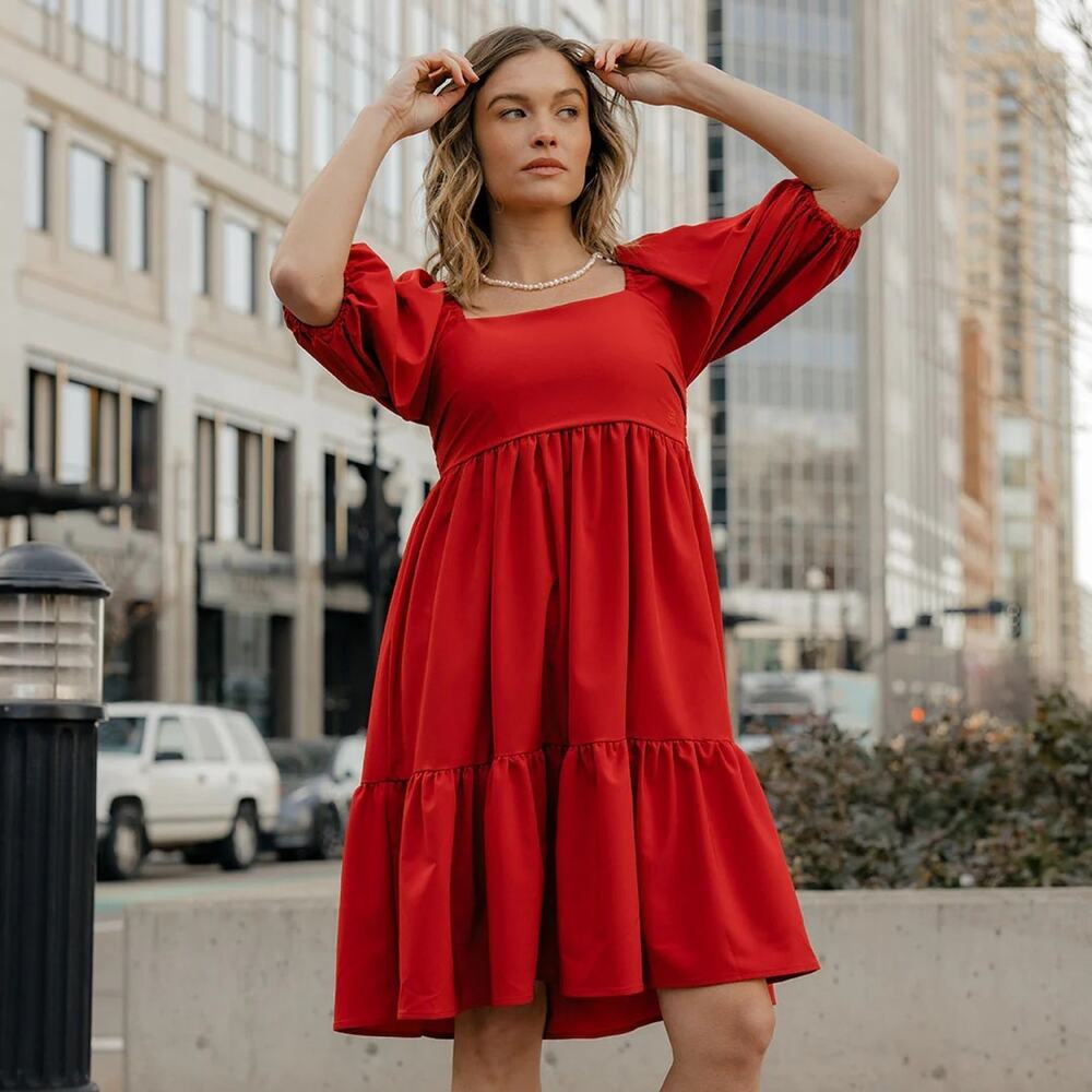 Albion Middleton Dress Crimson Red New Size Large Puff Sleeve Square Neck $112